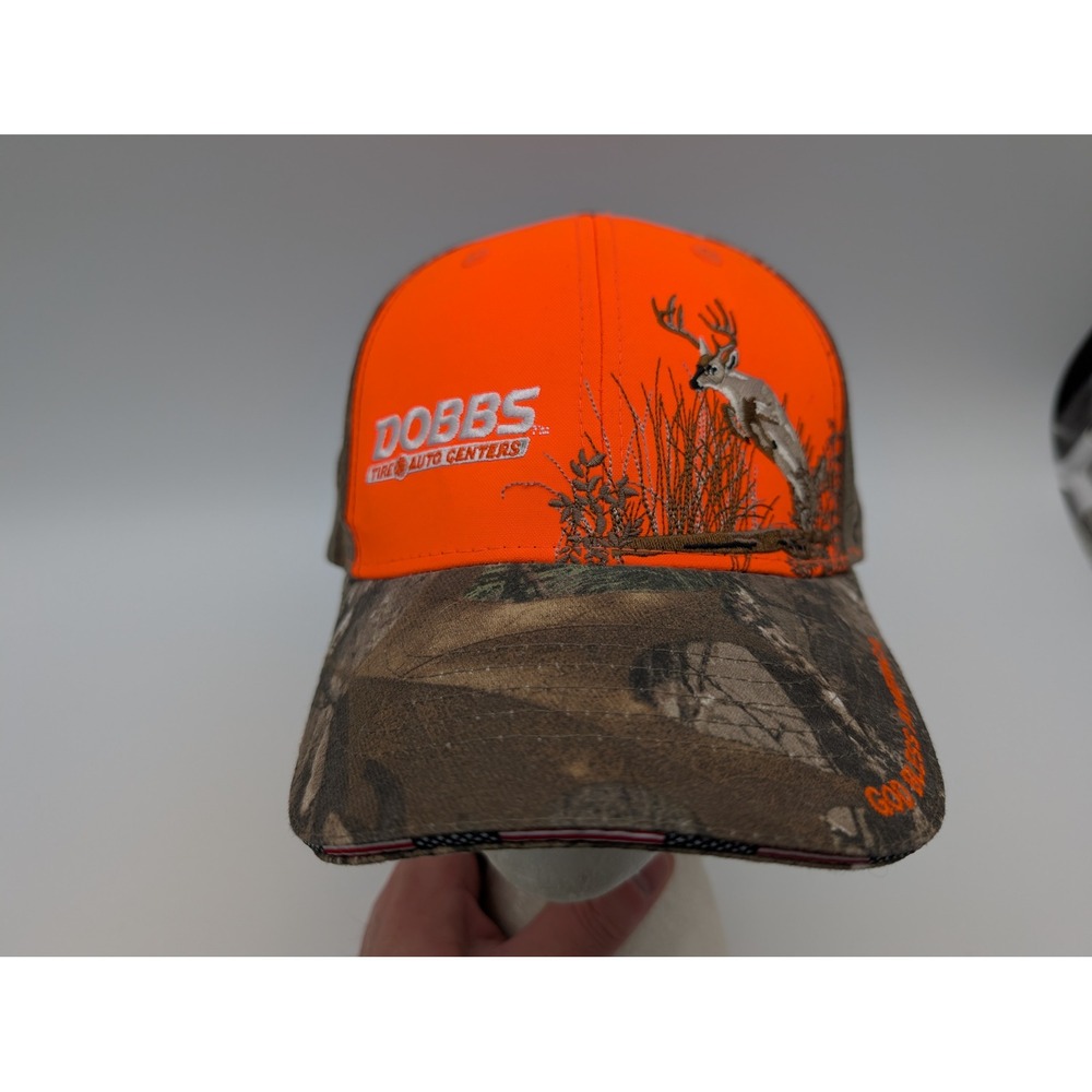 K-Products Dobbs Tire Blaze Orange Camo Deer Hunting Hat God Bless America Cap